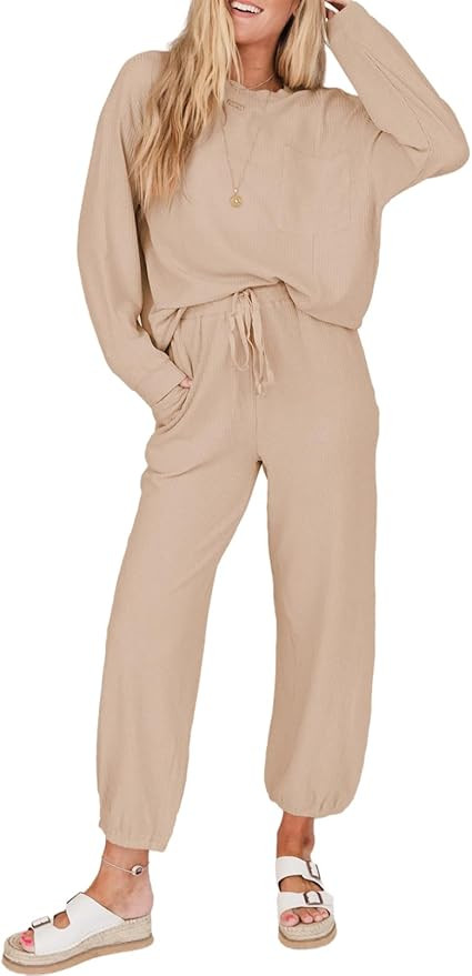 SHEWIN Women's 2 Piece Outfits Waffle Knit Lounge Sets Casual Long Sleeve Tops Matching Drawstrin... | Amazon (US)
