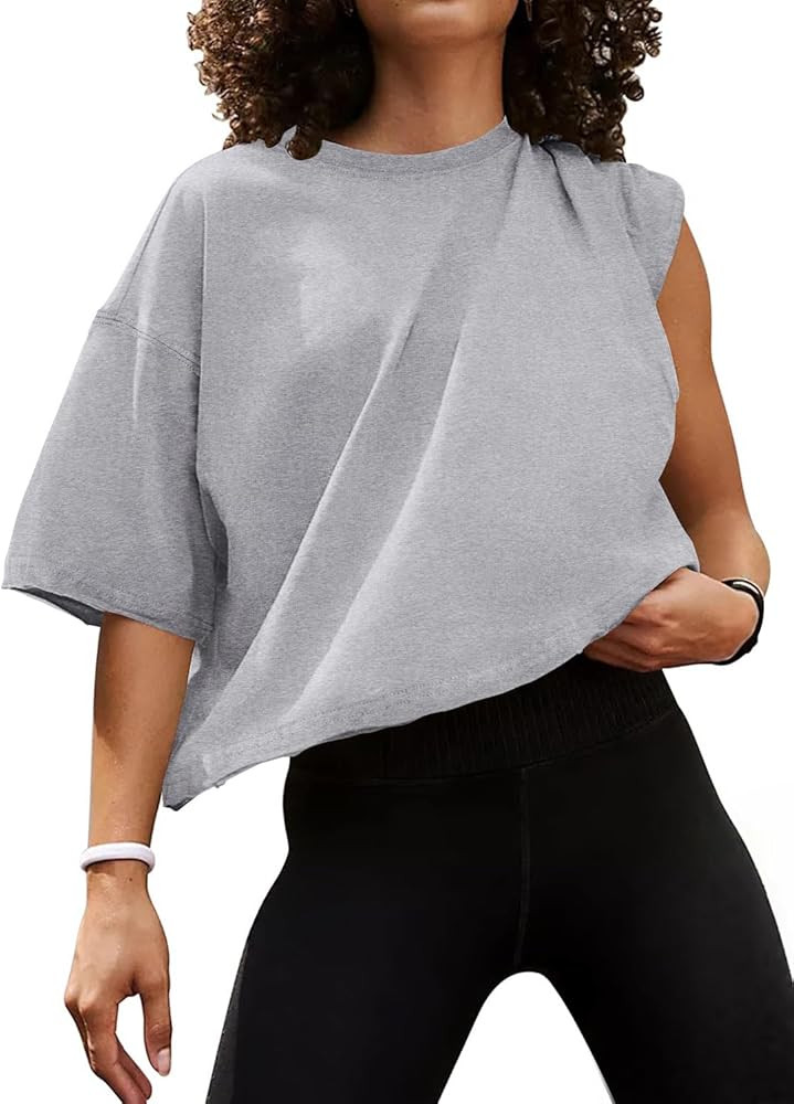 MIHOLL Workout Crop Tops for Women Oversized Short Sleeve Cotton Boxy T-Shirts for Summer Casual ... | Amazon (US)