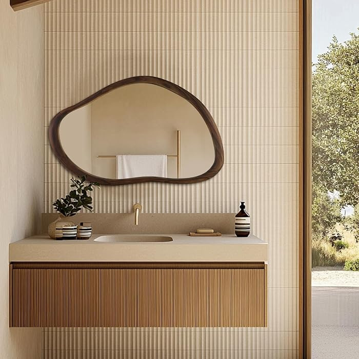 35"x24" Wood Bathroom Mirror Wall Mounted, Dark Walnut Irregular Wall Mirror, Rustic Farmhouse Va... | Amazon (US)