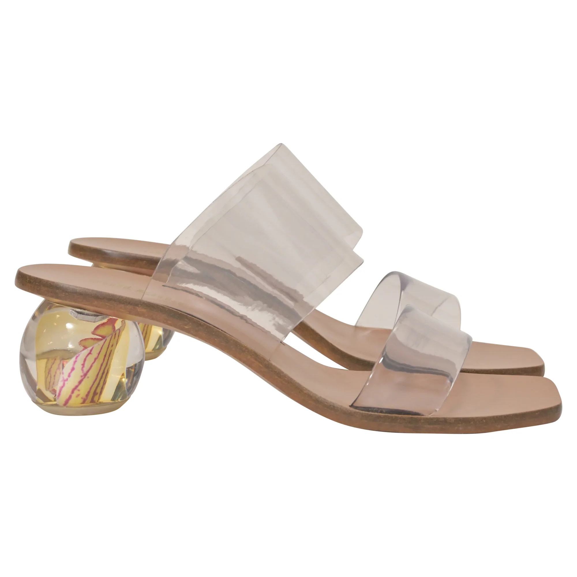 Cult Gaia Jila Floral Sandals in Transparent Vinyl and Brown Leather | Shop Simon