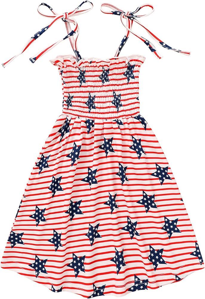 Tiny Cutey Toddler Girl 4th of July Dress America Flag Strap Dresses Kids Summer Clothes Backless St | Amazon (US)