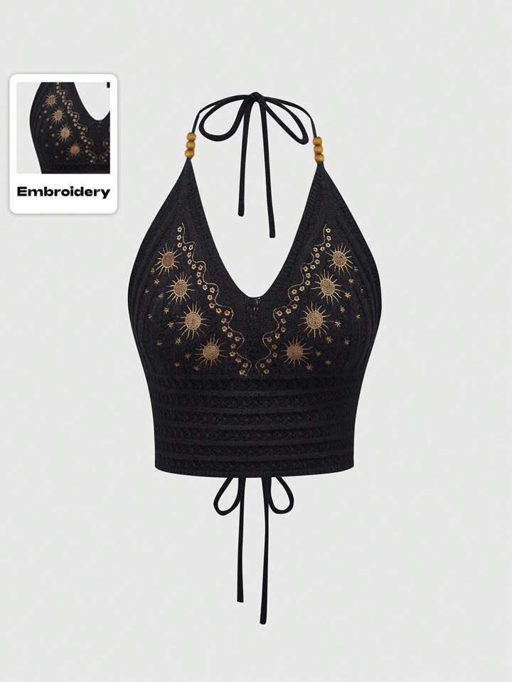 ROMWE Hippie Women's Basic Knitted Top With Printed Halter, Casual And Daily Wear | SHEIN