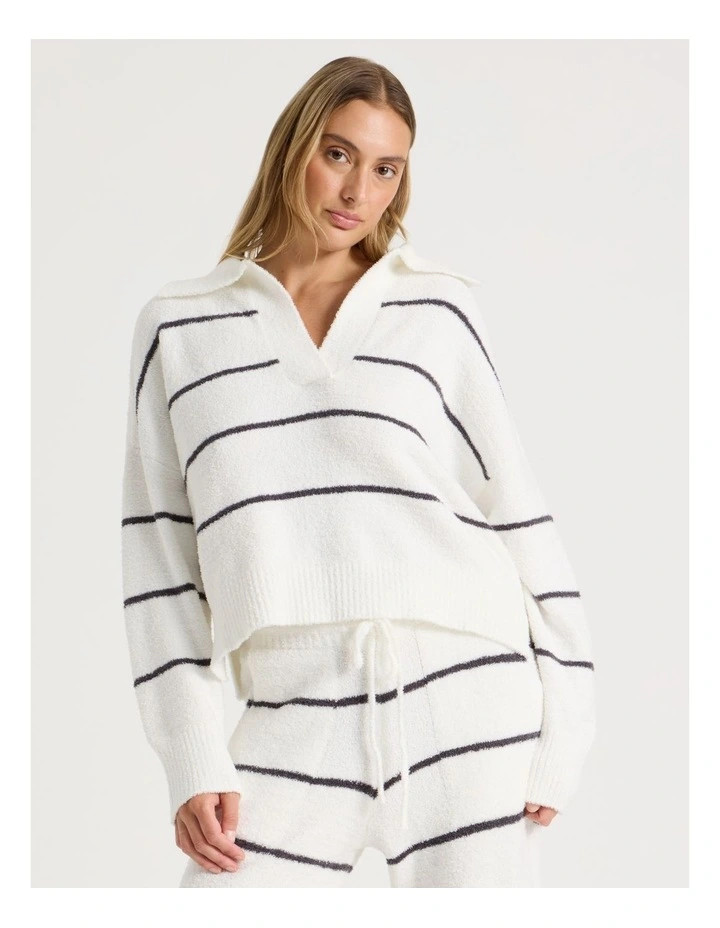 Chloe & LolaCosy Boucle Open V-Collar Long Sleeve Top in Ivory Y/D Stripe | Myer