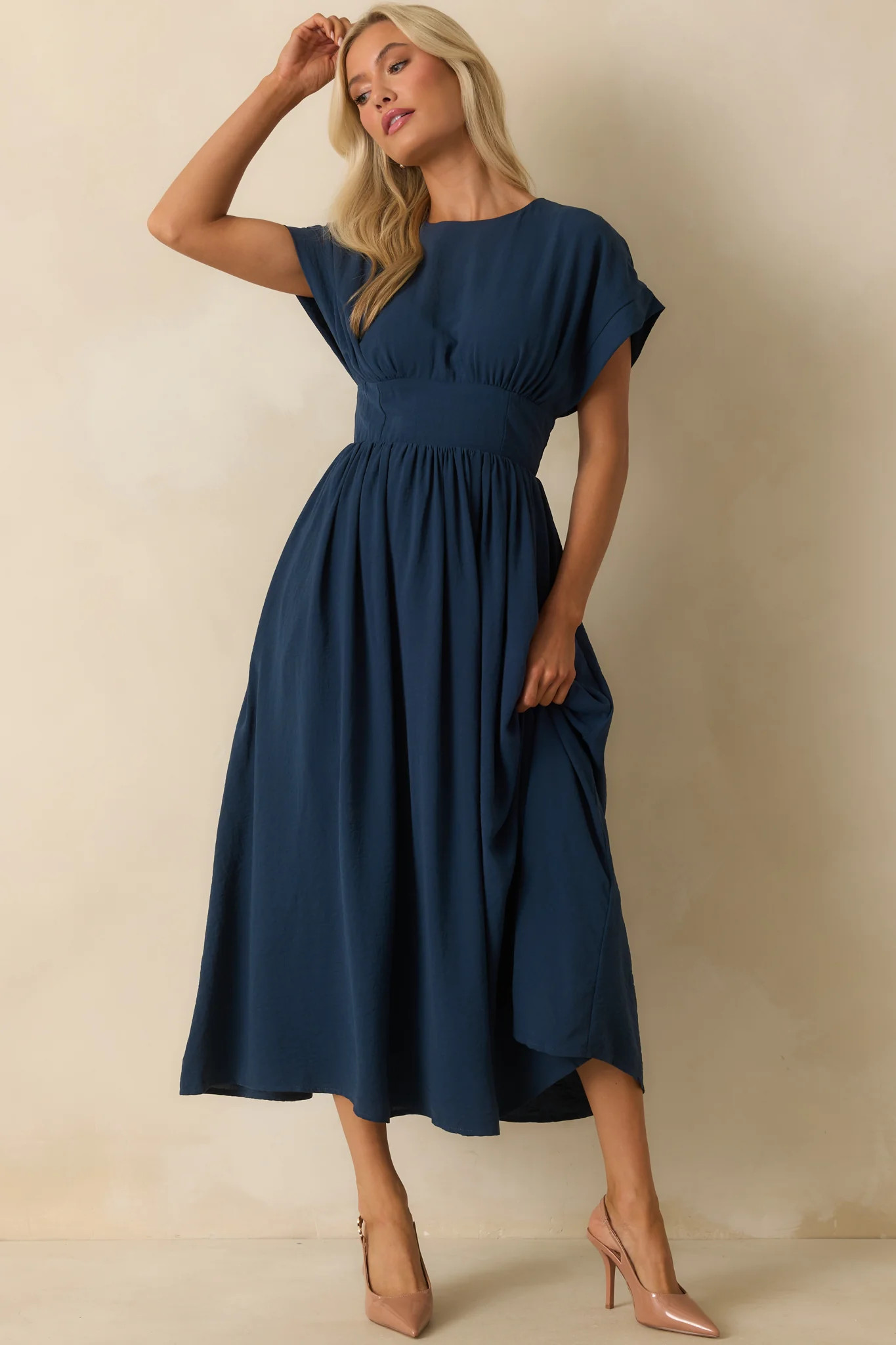 As Promised Navy Short Sleeve Cinched Waist Maxi Dress | Red Dress