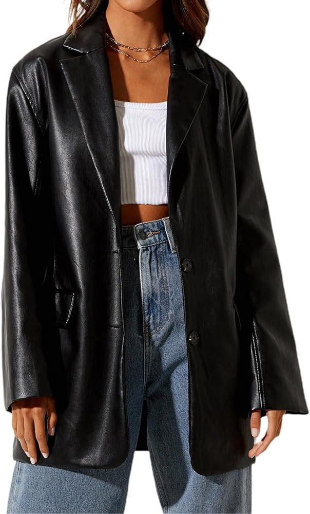 BHMAWSRT Womens Leather Blazer Coat, Long Sleeve Lapel Faux PU Leather Jacket Button Front Trench... | Amazon (US)