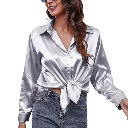 JGGSPWM Womens 2022 Fall Fashion Satin Shirts Solid Bowknot Front Blouse Lapel Long Sleeve Button Tu | Walmart (US)