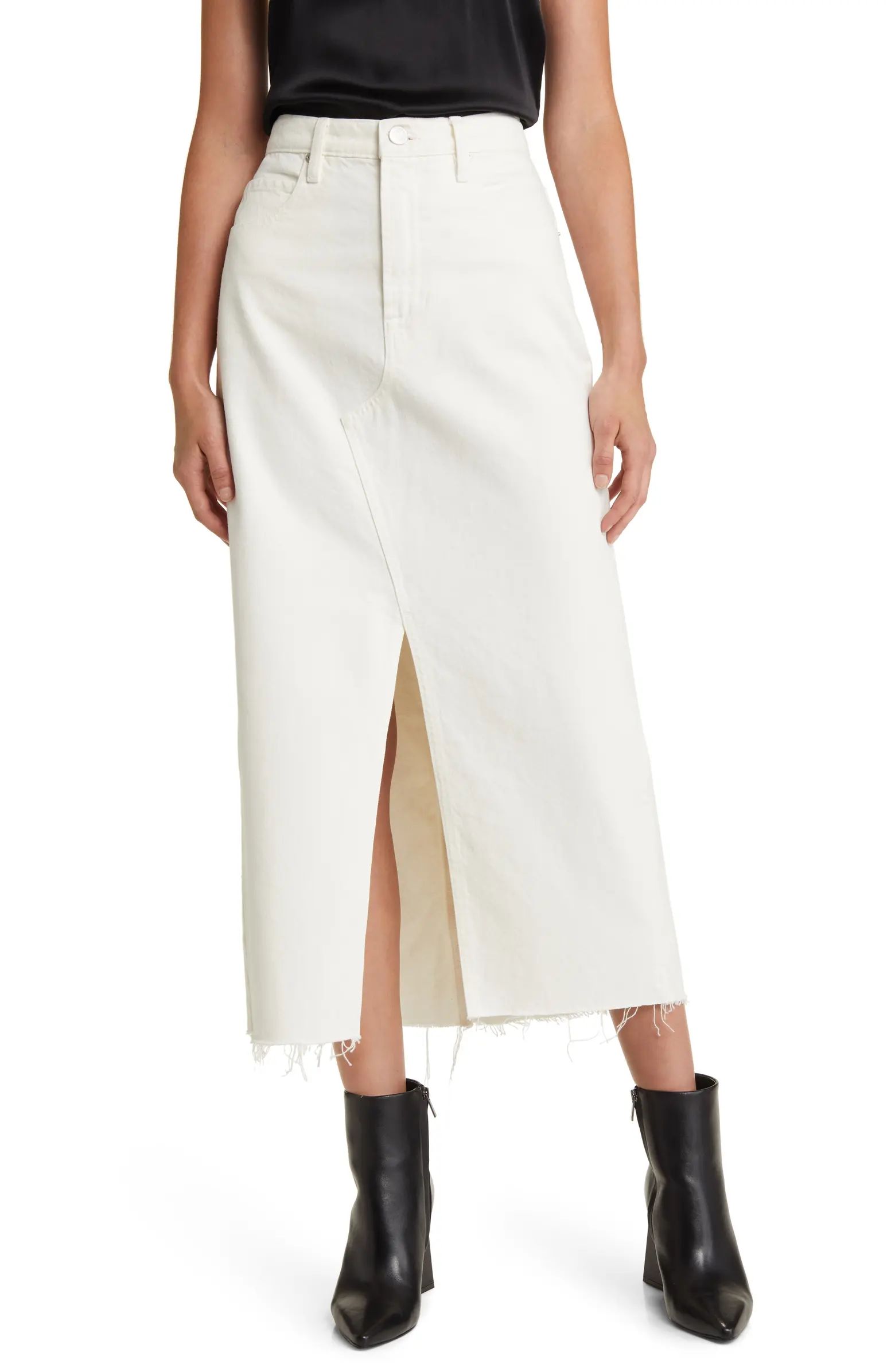 Angled Seam Raw Hem Denim Midi Skirt | Nordstrom