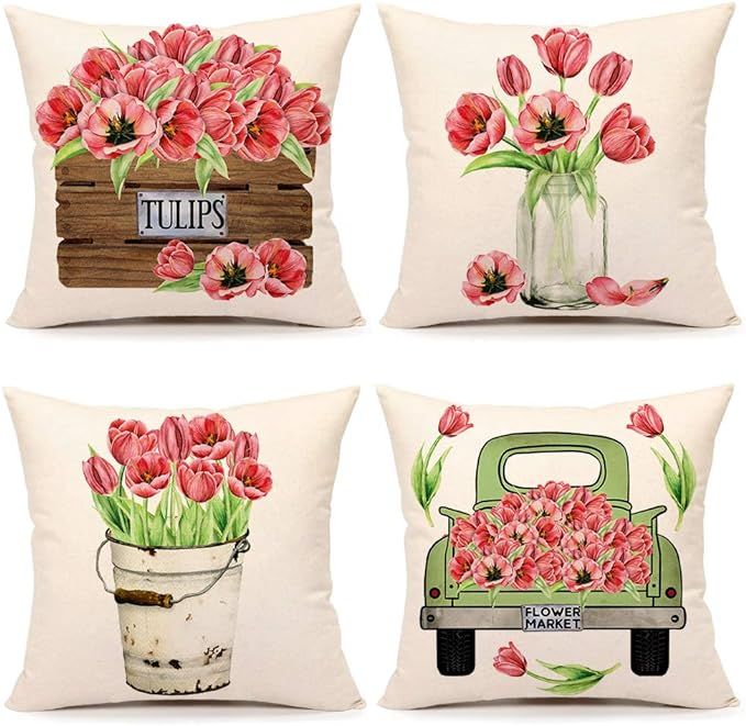 4TH Emotion Spring Tulips Pillow Covers 18x18 Set of 4 Easter Farmhouse Decor Valentines Decorati... | Amazon (US)