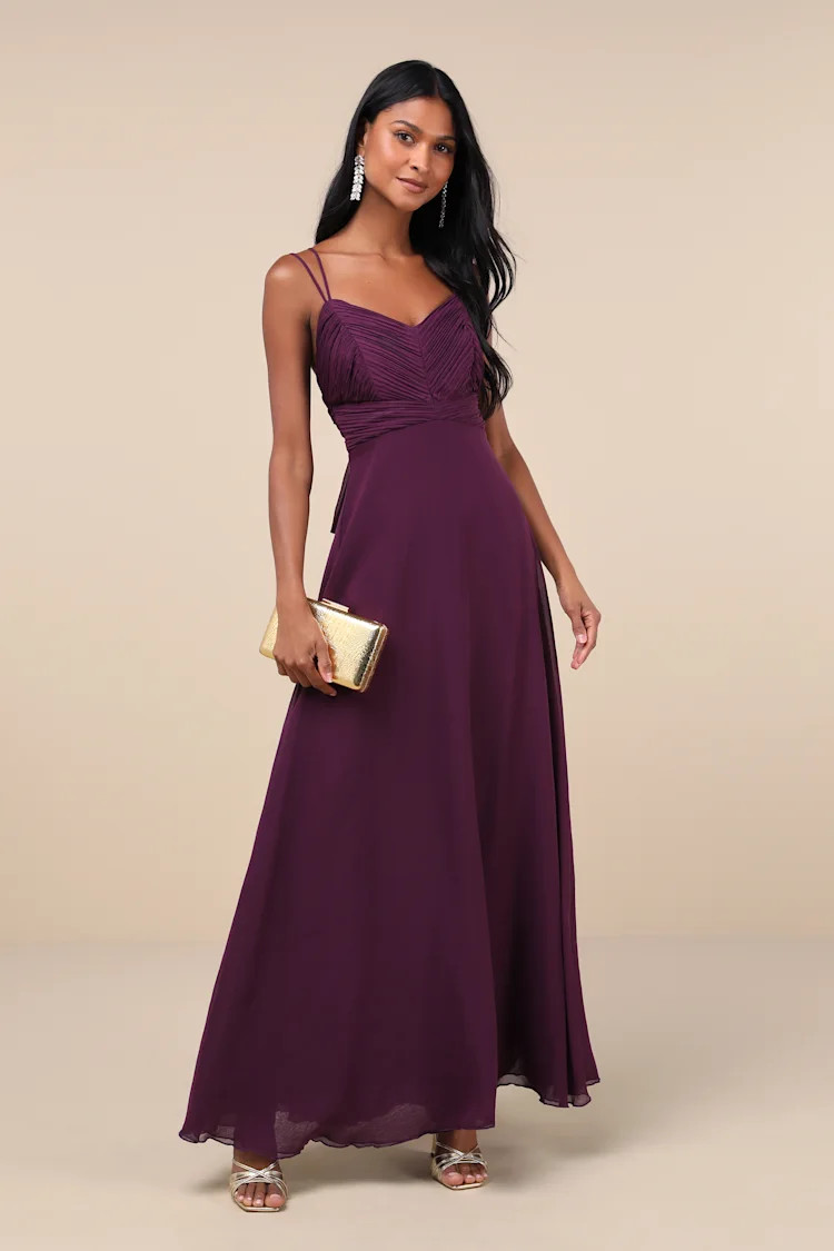 Admirable Grace Dark Plum Chiffon Pleated Maxi Dress | Lulus