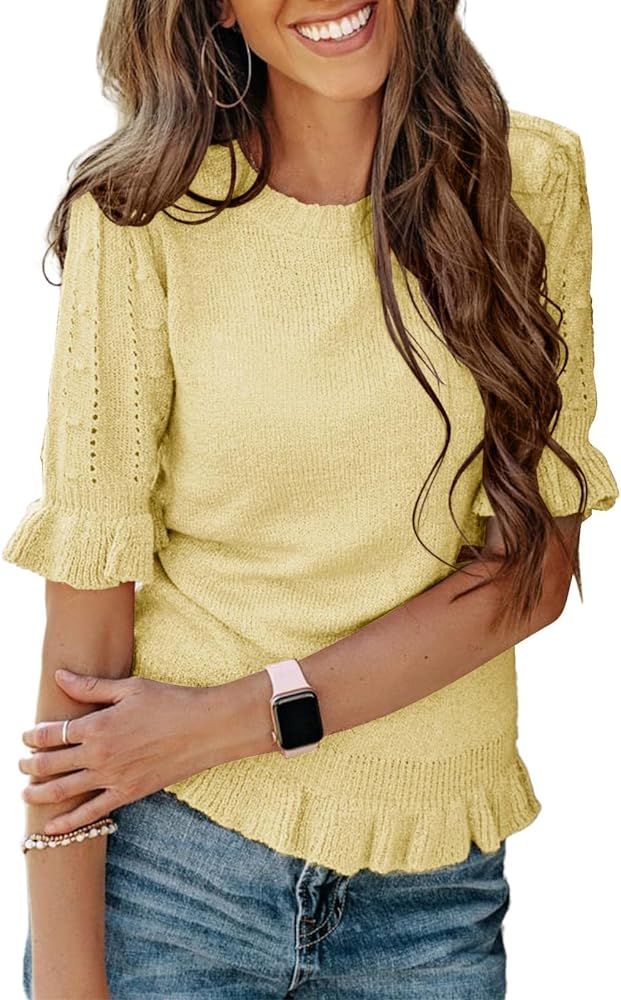 Foshow Womens Fall Ruffle Short Sleeve Pullover Sweaters Shirt Circular Flounce Crew Neck Dot Top... | Amazon (US)