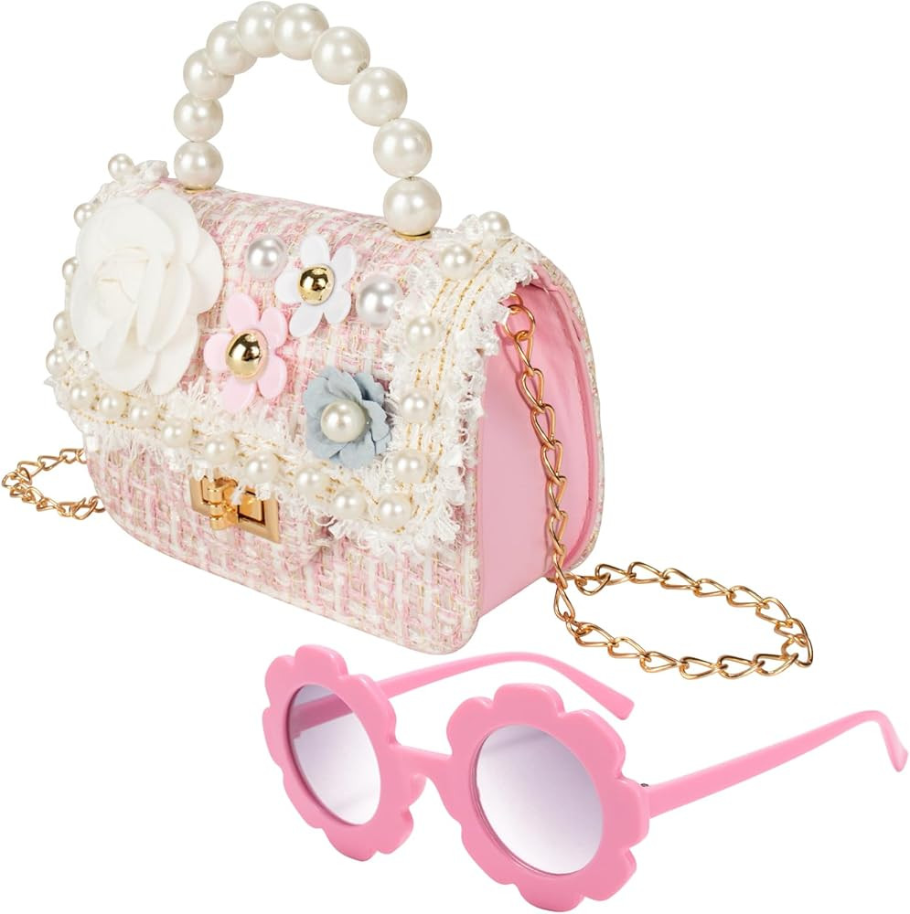 Little Girls Toddler Crossbody Purse with Pearl Flowers Mini Cute Princess Handbags Shoulder Chai... | Amazon (US)