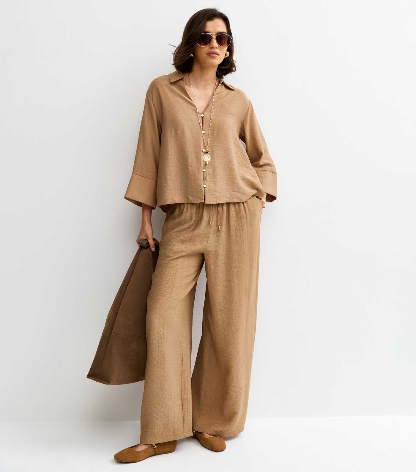 Camel Crinkle Wide Leg Trousers | New Look | New Look (UK)