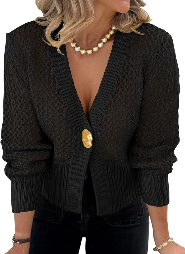 Cicy Bell Womens Cropped Crochet Cardigans Hollow Out Button Down Lantern Sleeve Knit Sweaters Ca... | Amazon (US)