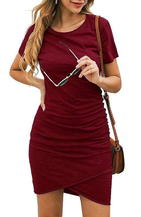 BTFBM Women’s 2019 Casual Crew Neck Ruched Stretchy Bodycon T Shirt Short Mini Dress | Amazon (US)