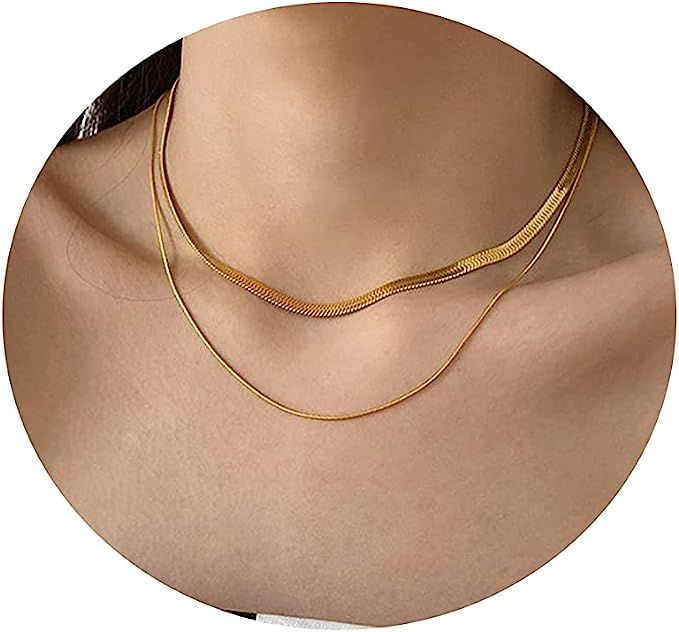 Tasiso 14K Gold Filled Herringbone Choker Necklace Set Double Layer Snake Chain Double Herringbon... | Amazon (US)
