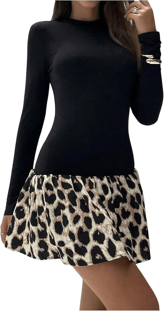 Milumia Women's Leopard Print Long Sleeve Dress Colorblock Flared Hem Short Dresses | Amazon (US)