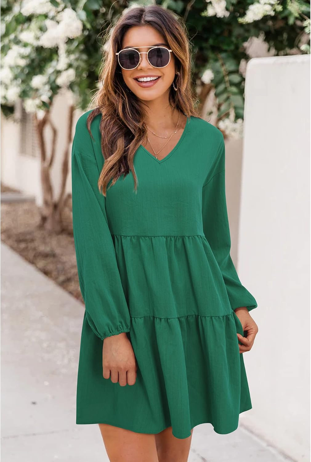 ULTRANICE Women's Casual Dress V-Neck Lantern Sleeve Ruffle Shift Dresses with Pockets(Lake Green... | Amazon (US)