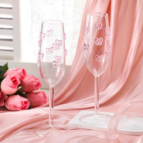 Tioncy 2 Sets of Pink Bow Champagne Glasses 10 oz Wedding Toasting Champagne Flute Goblet Clear Glass Cocktail Wine Cups for Wedding, Engagement, Home, Bar, Bridal Shower, Bachelorette Party | Amazon (US)