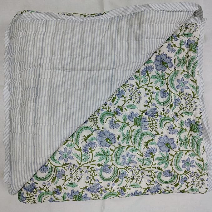 Ridhi Cotton Reversible Quilt Hand Block Printed King 96 X 106 Columbia Blue Soft Lightweight Bla... | Amazon (US)