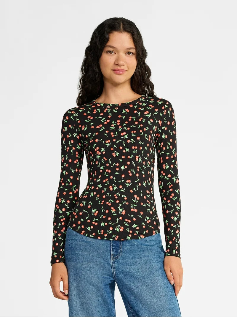 No Boundaries Crew Ribbed Tee with Long Sleeves, Women's | Walmart (US)