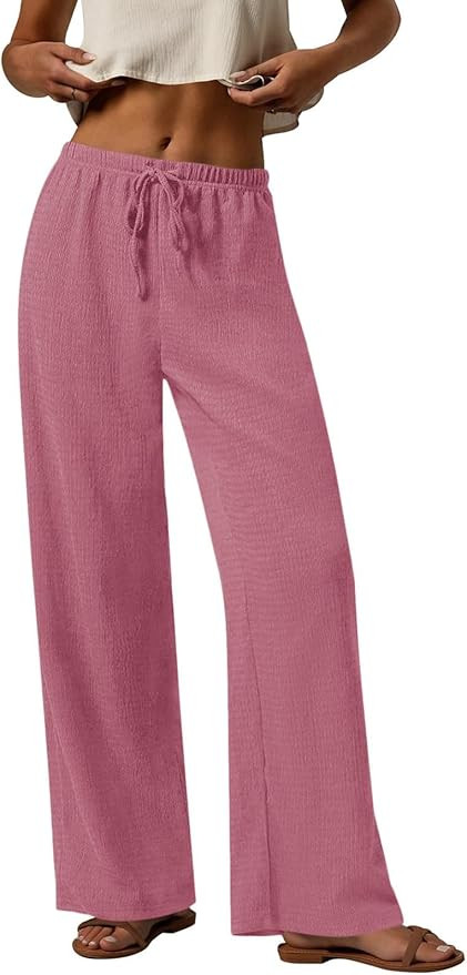 PRETTYGARDEN Womens Summer Elastic Waist Textured Flowy Palazzo Pants for Women Casual Wide Leg P... | Amazon (US)