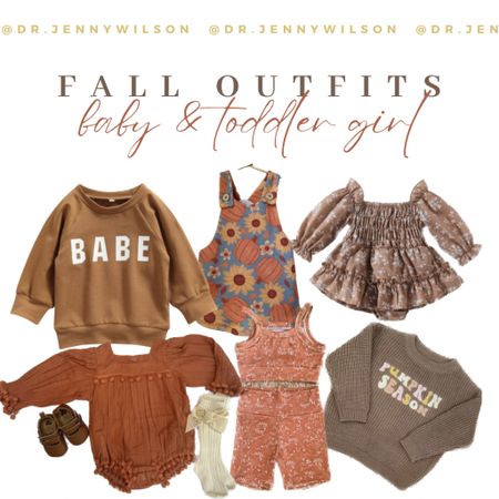 The cutest fall outfits for baby and toddler girls! Also, a few options for those with hot fall seasons (like here in Texas). Clothes including sweaters, rompers, dresses, and tank with biker shorts. 

#LTKkids #LTKbaby #LTKSeasonal