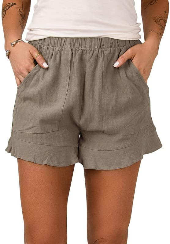 Dokotoo Womens Ruffle Hem Elastic Waist Solid Casual Shorts Pants with Pockets | Amazon (US)