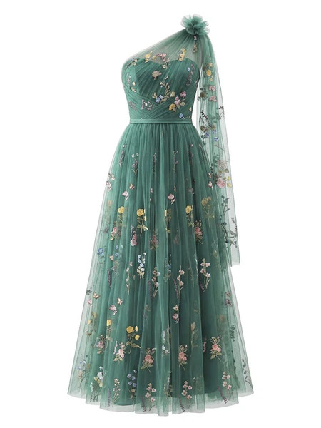 [Pre-Sale] Green 1930s One-Shoulder Floral Embroidered Tulle Maxi Dress | Retro Stage