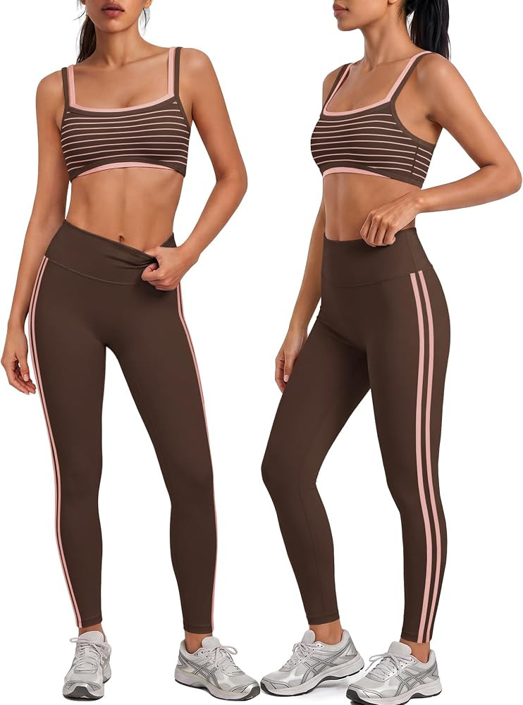 Nirovien Striped Workout Set Layered 2 Piece Pilates Outfits | Amazon (US)
