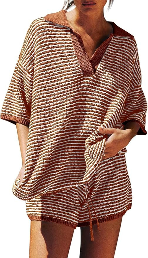 Tankaneo Womens Sweater Set 2 Piece Outfits Oversized 3/4 Sleeve V Neck Knit Tops High Waisted Sh... | Amazon (US)