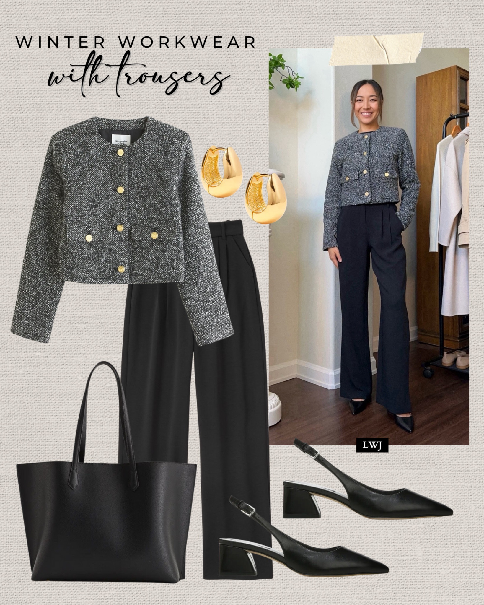 Winter workwear with trousers 

Abercrombie collarless jacket  — linked to similar styles 
Abercrombie wide leg pants - under $75, highly recommend the aritzia effortless pants as an elegant alternative (linked below)   
Slingbackss
Black tote bag 

#LTKSeasonal #LTKWorkwear