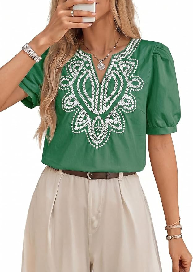 Dokotoo Blouses for Women Dressy Casual V Neck Short Sleeve Shirts Embroidered Color Block Summer... | Amazon (US)