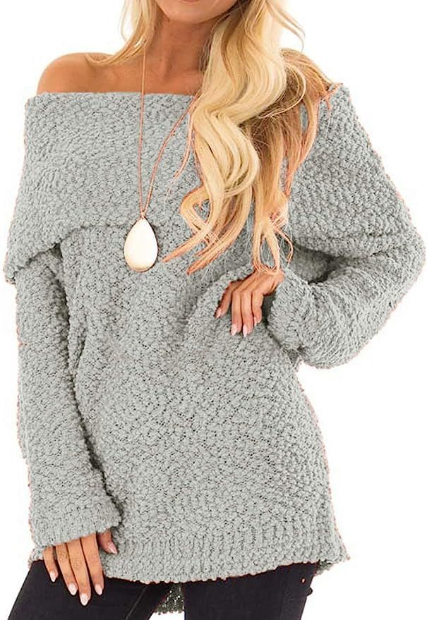 BTFBM Women Elegant Off Shoulders Fuzzy Warm Sherpa Fleece Popcorn Knit Long Sleeve Loose Sweater... | Amazon (US)