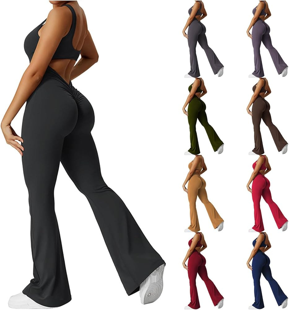 Yoga Jumpsuits for Women Tummy Control Sexy Backless Bodycon V Back Scrunch Butt Gym One Piece Ro... | Amazon (US)