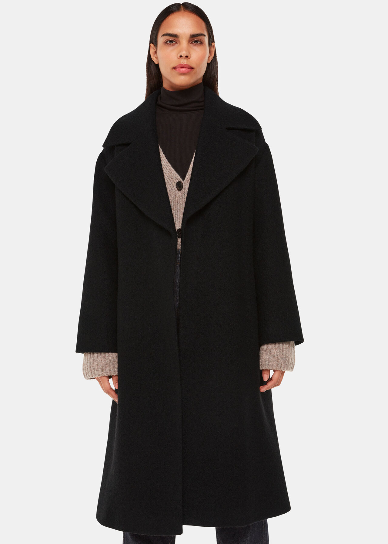 Black Wrap Wool Coat with Tie Waist Belt | Whistles | Whistles UK | | Whistles