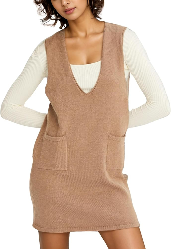 Women’s Sweater Vest Dress V Neck Sleeveless Knit Pullover Pinafore Mini Dress with Pockets | Amazon (US)