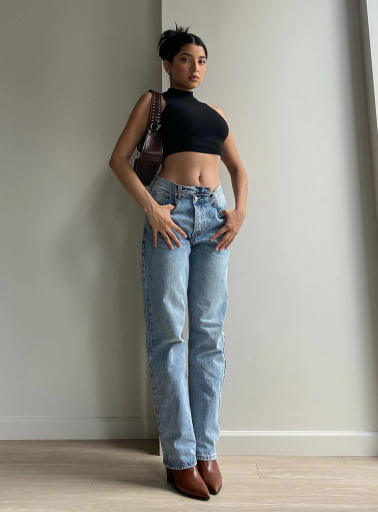 Holly Asymmetric Straight Leg Jean Light Wash Denim Lower Impact | Princess Polly US