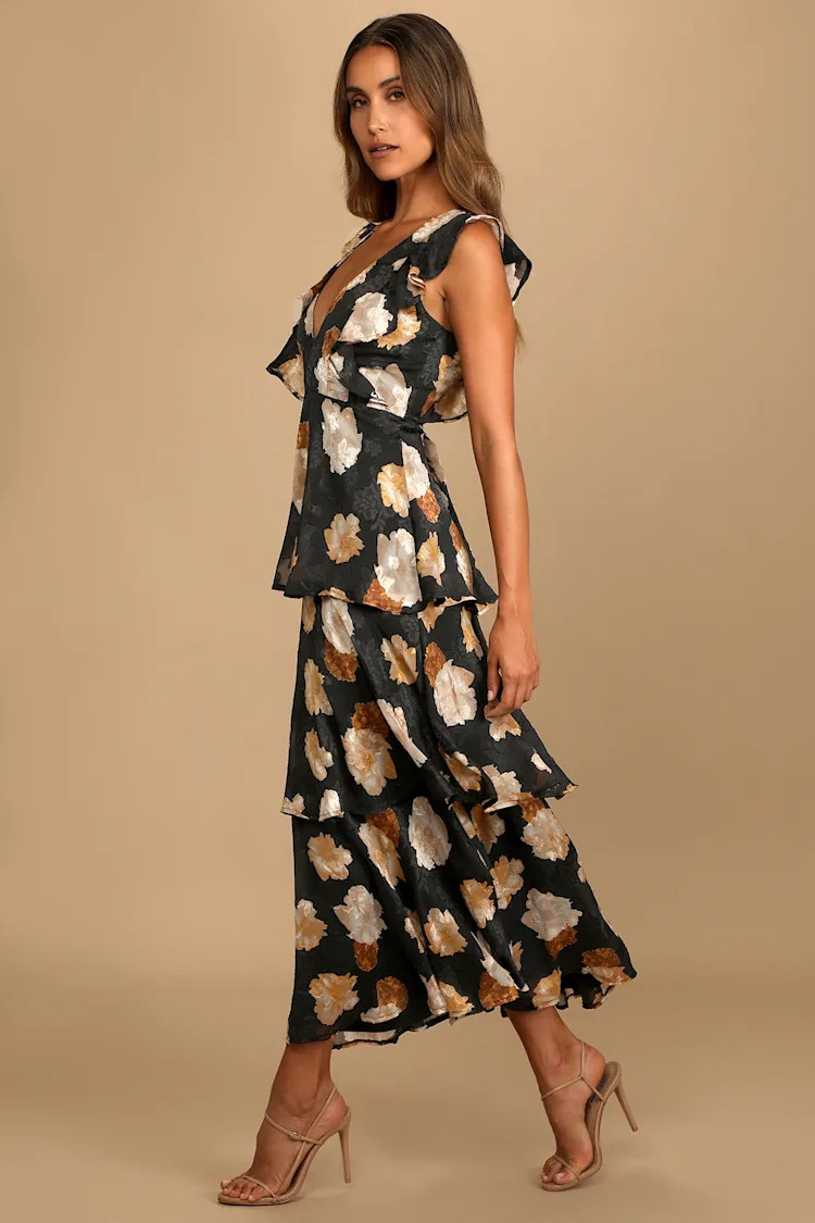 No Introductions Needed Black Burnout Floral Tiered Maxi Dress | Lulus