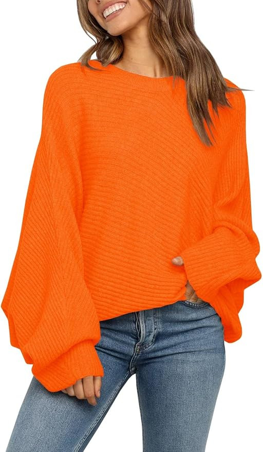 Mafulus Women's Oversized Crewneck Sweater Batwing Puff Long Sleeve Cable Slouchy Pullover Jum... | Amazon (US)