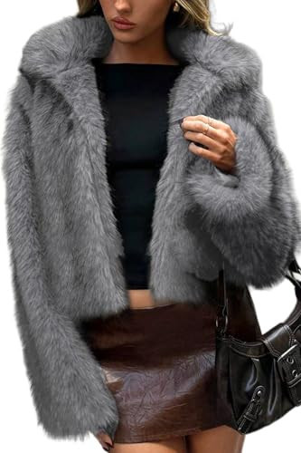 ELLEVEN Faux Fur Jacket Coat Women Winter Fluffy Warm Cropped Overcoat Furry Fuzzy Plush Shaggy Cardigan Casual Sexy Fashion Lapel Collar Long Sleeve Hidden Hooks Pockets Grey & Black Large | Amazon (US)