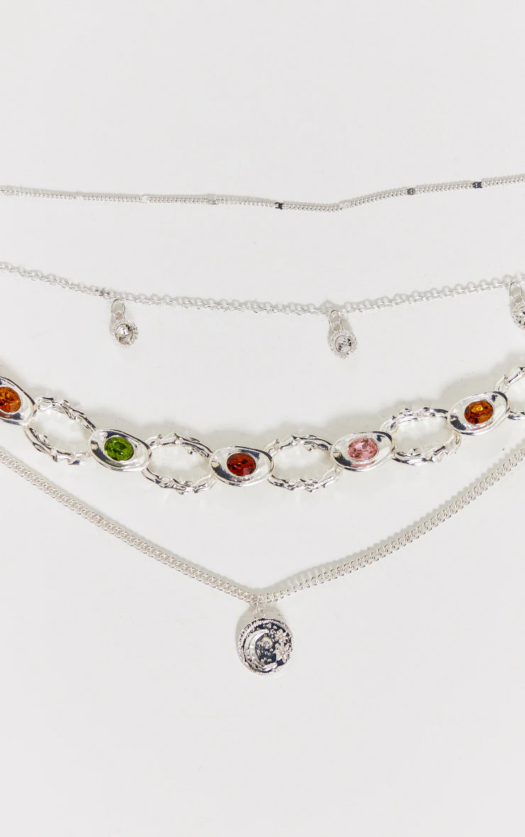 Silver Colored Stone Hammered Layered Necklace | PrettyLittleThing US