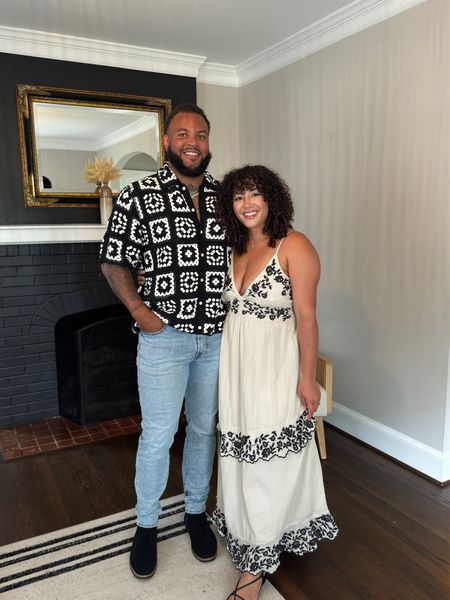 Outfits for brunch today! Hubby is wearing a XL top and size 34x32 pants he is 6”3 for height reference his boots are a few years old from Aldo I am wearing a large in the dress #abercrombie #datenight #couples 