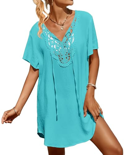 SimpleFun Cover Ups for Swimwear Women Beach Lace V Neck Swim Cover Up Bathing Suit Dress Covers Turquoise M | Amazon (US)