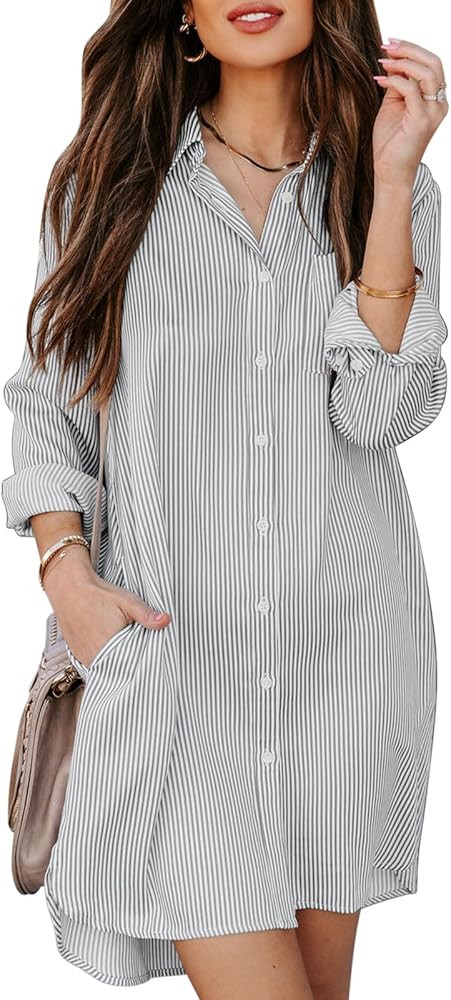 Womens Button Down Shirt Dresses with Pockets Cotton Striped Shirts Collared Tunics Long Sleeve H... | Amazon (US)