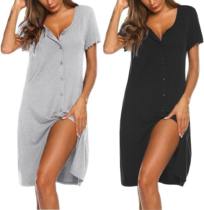 Ekouaer 2 Pack Nightgowns for Women Button Down Night Shirts Short Sleeve Sleep Shirts V Neck Sle... | Amazon (US)