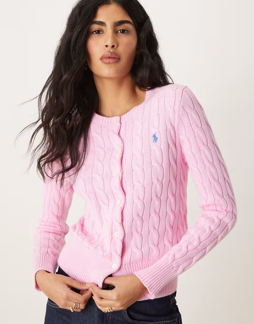 Polo Ralph Lauren icon logo cotton cable knit cardigan in light pink | ASOS (Global)