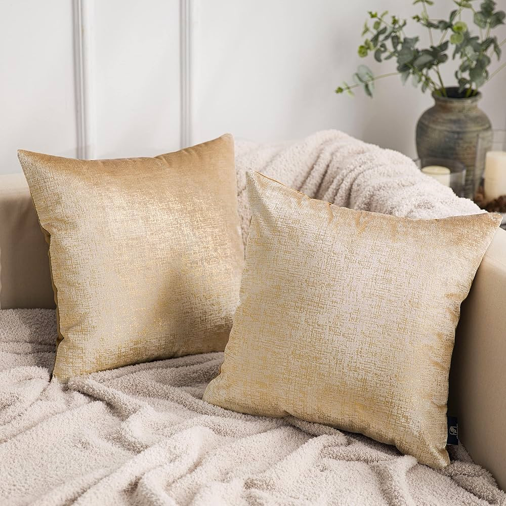 Phantoscope Pack of 2 Sparkling Velvet Decorative Solid Throw Decorative Pillow Cover Soft Gold G... | Amazon (US)