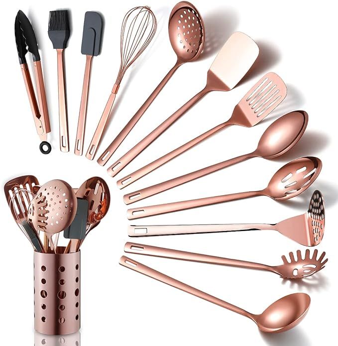 Copper Kitchen Utensils Set,13 Pieces Stainless Steel Cooking Utensils Set With Titanium Rose Gol... | Amazon (US)