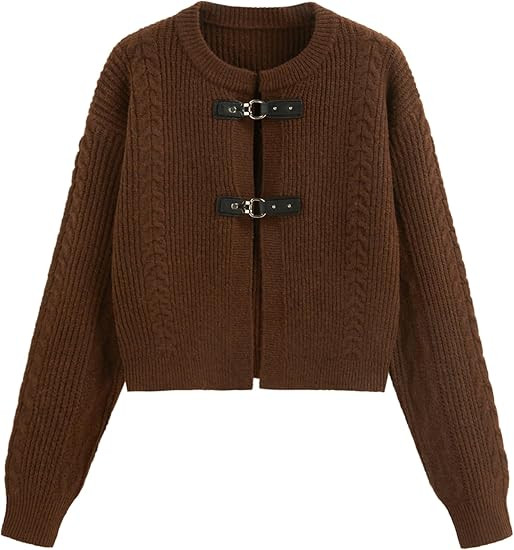 CIDER Cardigan Sweater for Women Round Neck Buckle Sweater Knitted Crop Top Long Sleeve Open Fron... | Amazon (US)