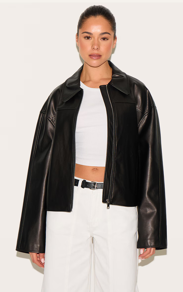 Black Zip Through Pu Jacket | PrettyLittleThing US